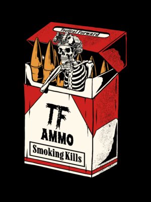 Tactical Forward Poster 60x80 cm – Military Art Print TF Ammo Design – Skelett & Patronen im Zigarettenpackung-Stil Dark Humor Wandbild – Satirisches Anti-Smoking Motiv Taktisches Deko Poster für Airsoft, Paintball, Veteranen & Sammler Modernes Wandposter mit Militär-Comic-Illustration Cooles Geschenk für Soldaten, Gamer, Veteranen und Taktikfans Rotes & schwarzes Tactical Artwork mit Skelett und Patronen Poster mit Anti-Krieg & Anti-Konsum Message – Smoking Kills Edition Retro Stil – Hochwertiger Kunstdruck auf Premiumpapier (60x80cm) Einzigartiges Tactical Forward Design für Männerzimmer, Garage oder Man Cave