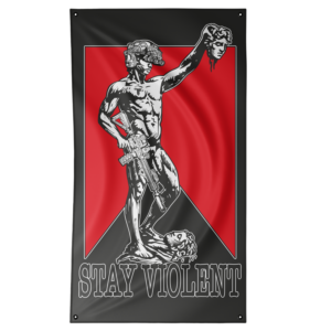 Tactical Forward Stay Violent Flagge – Tactical Streetwear Banner Die Tactical Forward Stay Violent Flagge verbindet klassische Kunst mit modernem Tactical-Streetwear Design. Inspiriert von der ikonischen David-Statue und neu interpretiert im militärisch-urbanen Stil entsteht ein kraftvolles Banner für alle, die Streetwear, Tactical-Lifestyle und markante Kunst feiern.