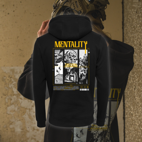 Hoodie mentality Back Schwarzer Mentality Hoodie mit gelbem Frontprint und starkem Backprint. Tactical Streetwear für Fokus, Disziplin und echtes Mindset.
