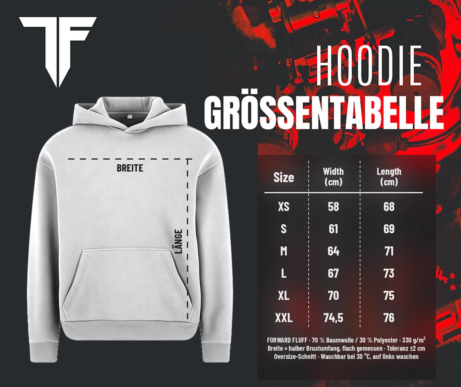 Größentabelle Oversize Hoodie Forward Fluff